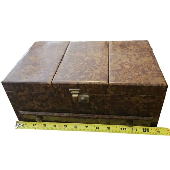 Vtg Jewelry Box Tri Fold Velvet Lined Gold Brown Marble Vinyl Mid Century - Picture 15 of 16